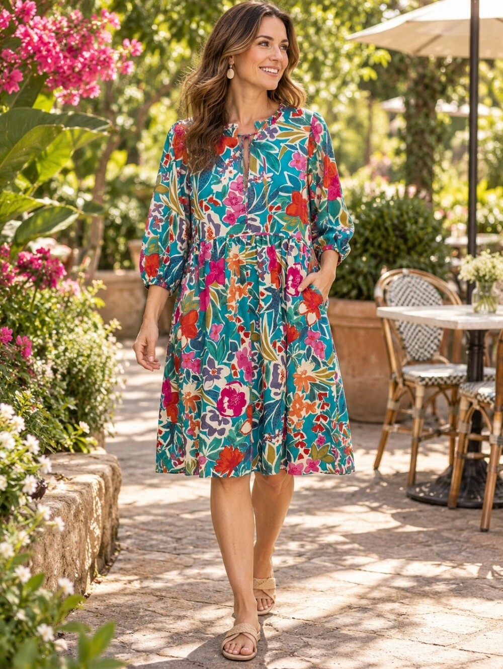 Umgee Teal Tropical Floral Babydoll Dress Medium Boho Puff Sleeve Pockets